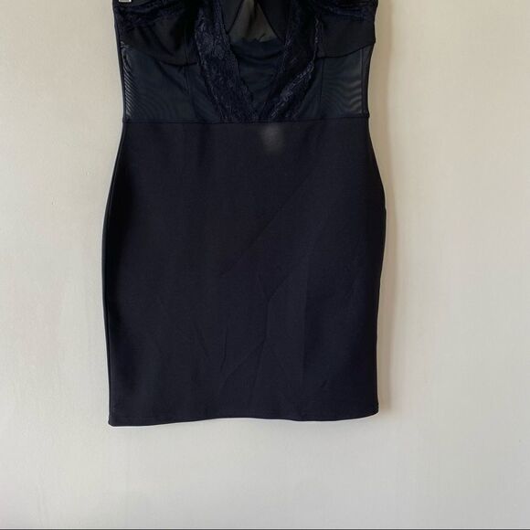 NWT-Black Lace Trim High Neck Sheer Top Bodycon Dress - Picture 6 of 11